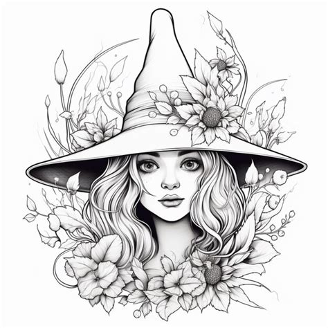 Premium Photo A Drawing Of A Woman Wearing A Witch Hat With Flowers