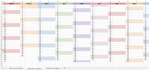 Year At A Glance Calendar 2024, 2025, 2026 (Excel) — Ahead Achiever