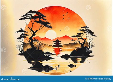 Traditional Japanese Japan Art Sunset Stock Illustration - Illustration ...