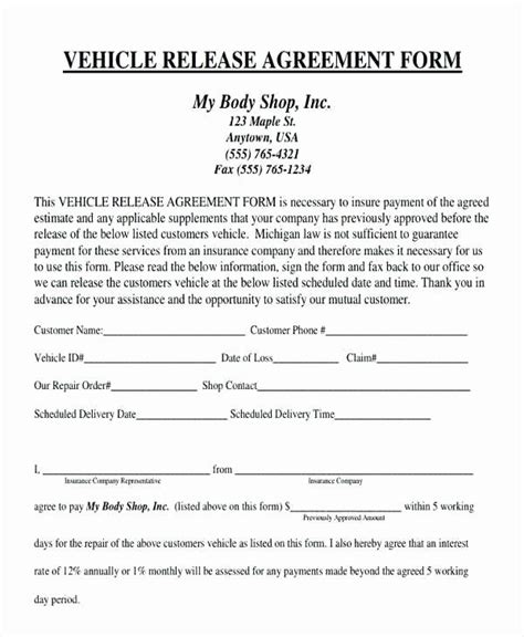 Repair Authorization Form Template Elegant Vehicle Service Agreement