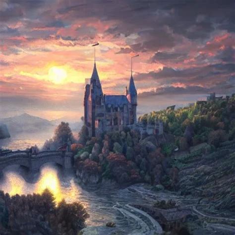 Beautiful Castle Sunset Oil Painting UHD 8k Very