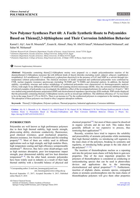 Pdf A Facile Synthetic Route To Novel Polyamides Based On Thieno