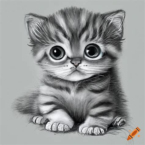 Drawing of cute baby cat, no colour, big eyes, black and white on Craiyon