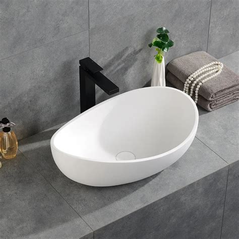 Bathroom Stone Resin Oval Vessel Sink Modern Art Sink Glossy White With