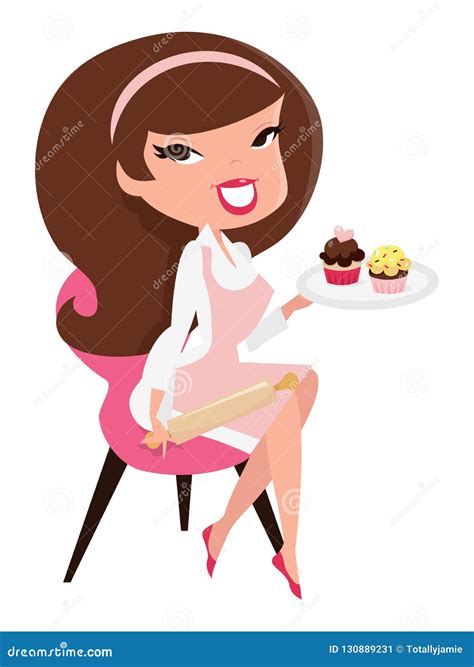 Assento Retro De Pin Up Girl Baking Cupcakes Dos Desenhos Animados