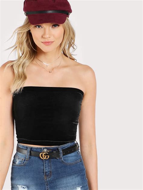 Strapless Velvet Crop Black Shein Sheinside