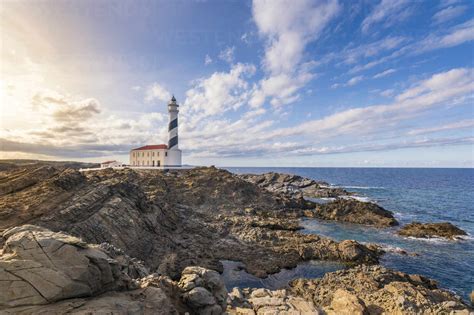 Spain Balearic Islands Menorca Far De Favaritx Lighthouse At Sunset