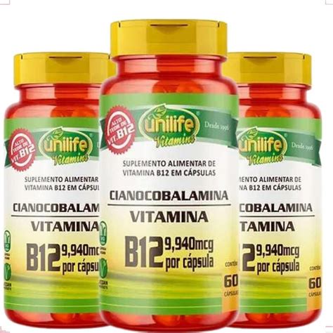 KIT 3 VITAMINA B12 CIANOCOBALAMINA 450MG 60 CAPSULAS UNILIFE