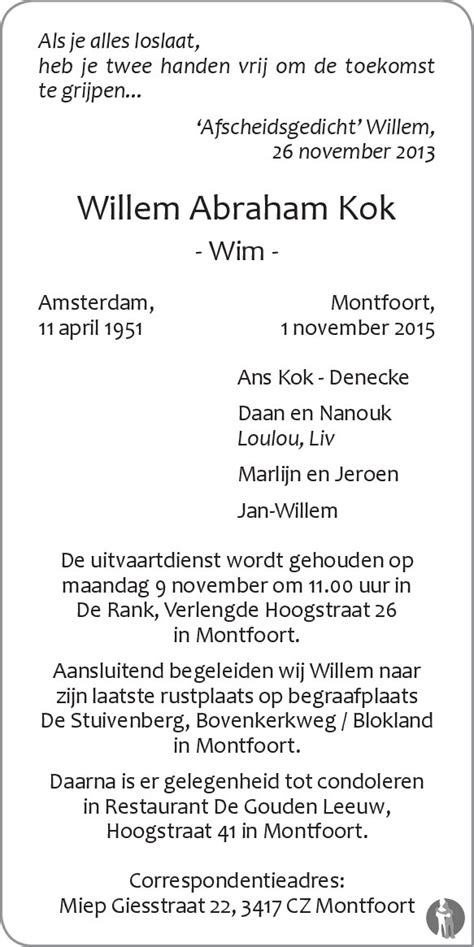 Willem Abraham Wim Kok 01 11 2015 Overlijdensbericht En Condoleances