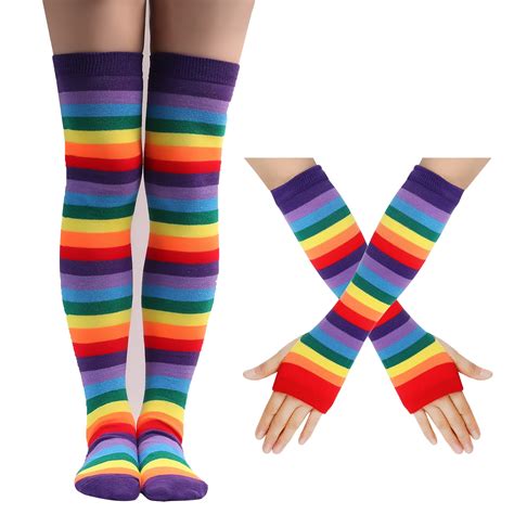 Rainbow Strips Gloves Socks Set Warm Leg Stockings Gloves Colorful