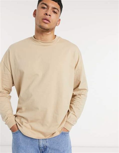 Asos Design Oversized Long Sleeve T Shirt In Beige Asos