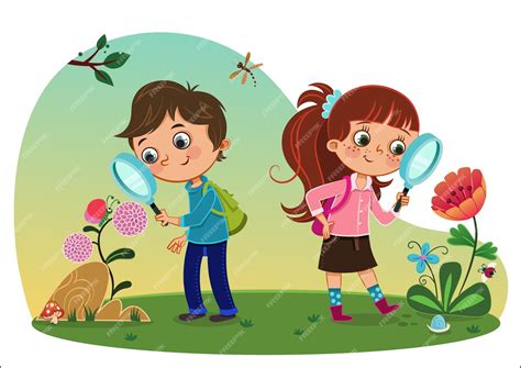 Niños En La Ilustración De Vector De Naturaleza Vector Premium