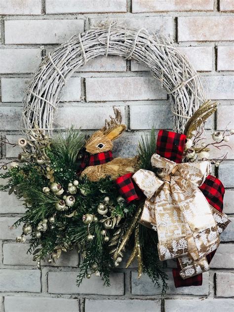 Christmas Wreath With Champagne Gold And Buffalo Plaid For Front Door