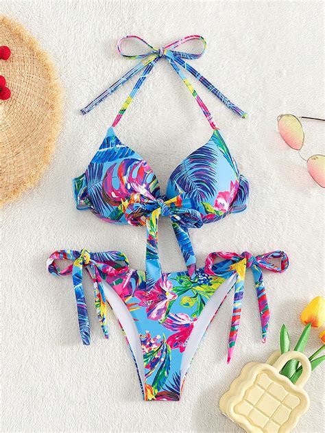 Shein Swim Vcay Tropical Print Knot Front Halter Bikini Swimsuit