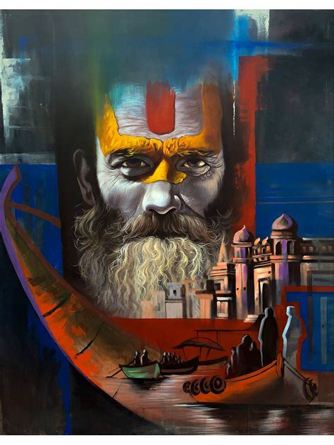 Sadhu With Tilak And Banaras Ghat Painting By MK Goyal Exotic India Art