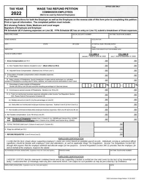 2022 City Of Philadelphia Pennsylvania Wage Tax Refund Petition