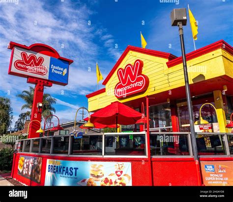 Burbank, CA, USA - January 16, 2022: Exterior of a Wienerschnitzel fast ...