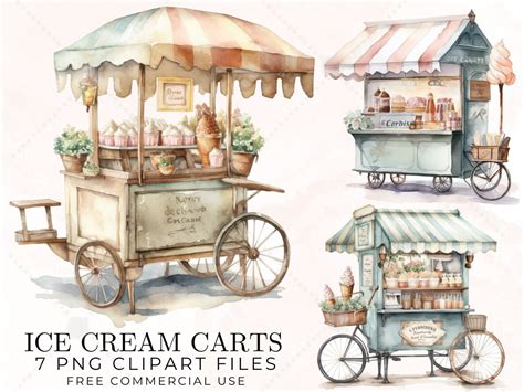 Ice Cream Cart, Watercolor Ice Cream Cart, Digital Art, Vintage Clip Art, Digital Watercolor Art ...