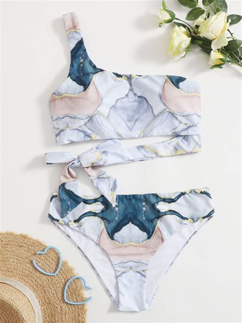 Marble Print One Shoulder Bikini Swimsuit Shein Usa