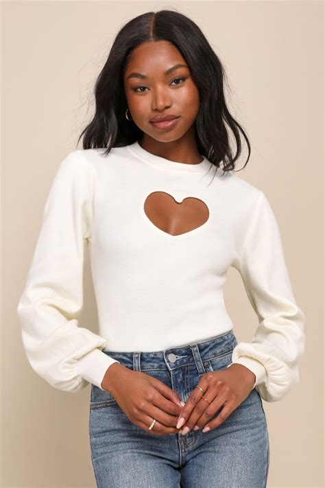 Ivory Sweater Top Heart Cutout Top Long Sleeve Sweater Top Lulus