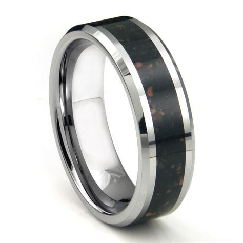 Tungsten Carbide Black Lava Riverstone Inlay Wedding Band Ring