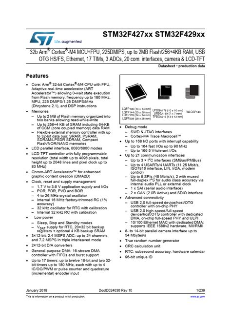 STM32F429NI Datasheet PDF ARM Cortex M4 32 Bit MCU FPU