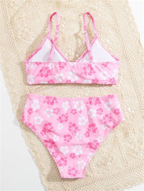 Teen Girls Floral Print Ring Linked Bikini Set Summer Beach Shein Usa