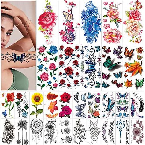 42 Sheets Flowers Temporary Tattoos Stickers Roses Butterflies And Multi Colored Mixed Style