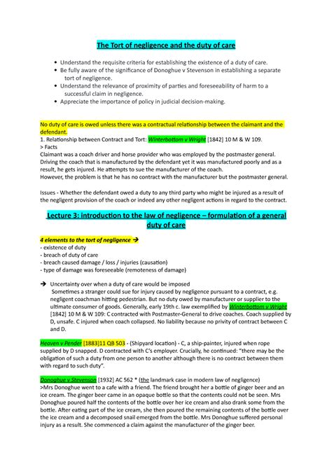 Tort Term Notes The Tort Of Negligence And The Duty Of Care