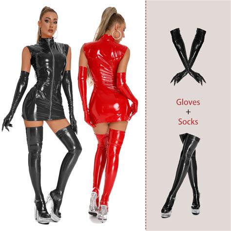 Aiiou Sexy Lingerie Women Leather Latex Leather Bodycon Dress Erotic