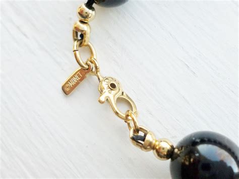 Vintage Signed Monet Black Gold Bead Long Necklace Etsy