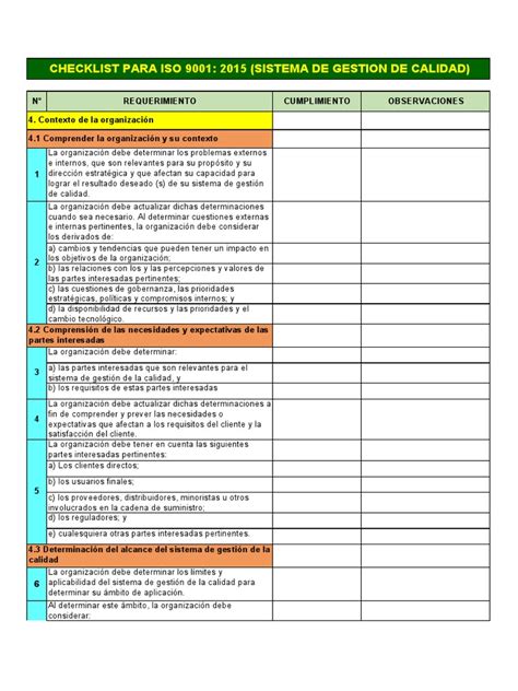 Lista De Chequeo Iso 9001 2015 Gestión De La Calidad Calidad Negocios