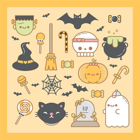 Premium Vector | Cute kawaii halloween set