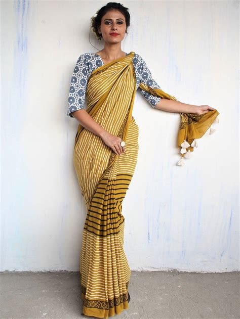 Buy Yellow Cotton Mul Block Printed Saree Online At Theloom