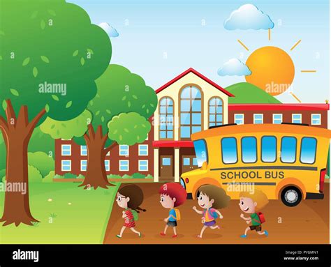 Kids Going To School By School Bus Illustration Stock Vector Image