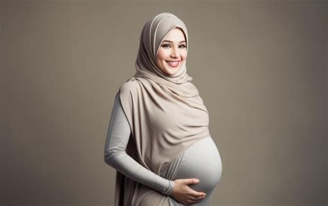 Happy Pregnant Muslim Woman Touching Her Belly Premium Ai Generated Image