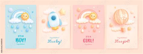 Set Of Baby Shower Invitation With Cartoon Hot Air Balloon Rocket Rainbow Sun And Helium