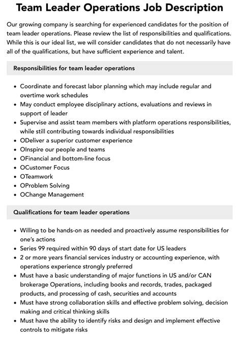 Team Leader Operations Job Description Velvet Jobs