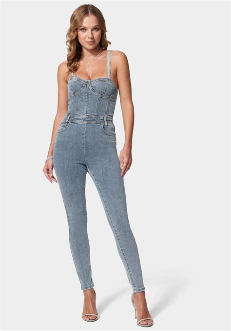 Bebe Denim Corset Top Skinny Leg Jumpsuit In Blue Lyst