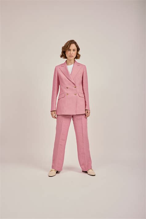 Double Breasted Blazer In Dusty Pink Linen Anna James