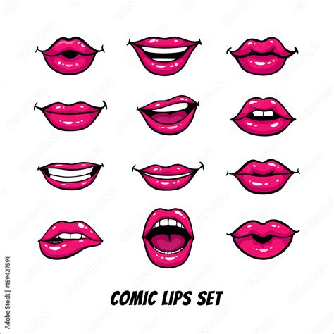 Comic Female Lips Set Mouth With A Kiss Smile Tongue Teeth Open