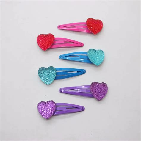 6 Pcs Lot Different Colors Cute Heart Shape Snap Hair Clips Bezel