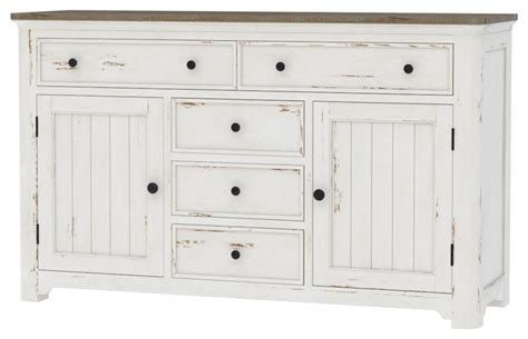 Greenville Farmhouse Two Tone Teak Wood 5 Drawer Large Sideboard