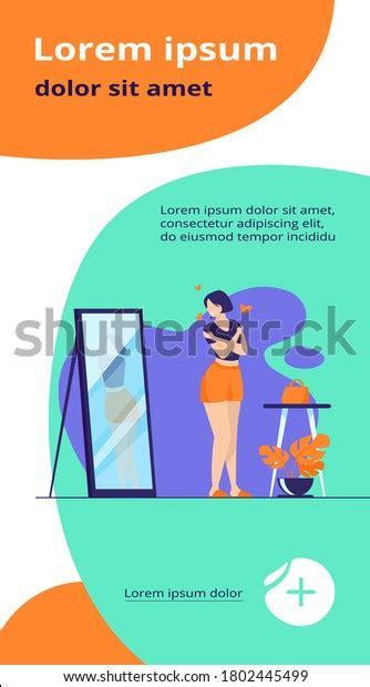 Narcissist Lady Standing Mirror Looking Reflection Stock Vector