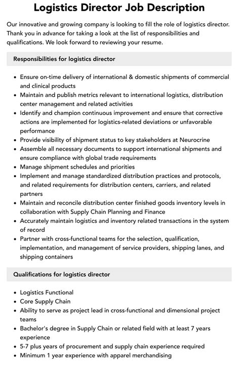 Logistics Director Job Description Velvet Jobs