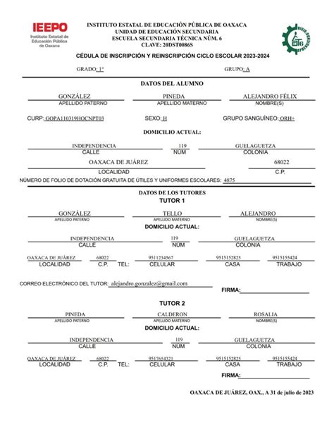 Generador Para La C Dula De Inscripci N Y Reinscripci N T Cnica