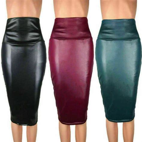 Womens Pu Leather High Waist Bodycon Midi Solid Color Office Ol Pencil