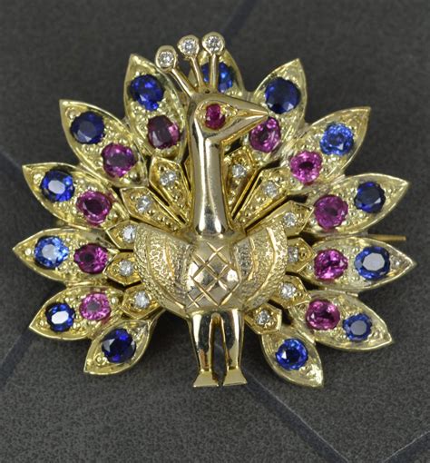 Striking Pink And Blue Sapphire And Diamond 14ct Gold Peacock Pendant Brooch Deal Between Us