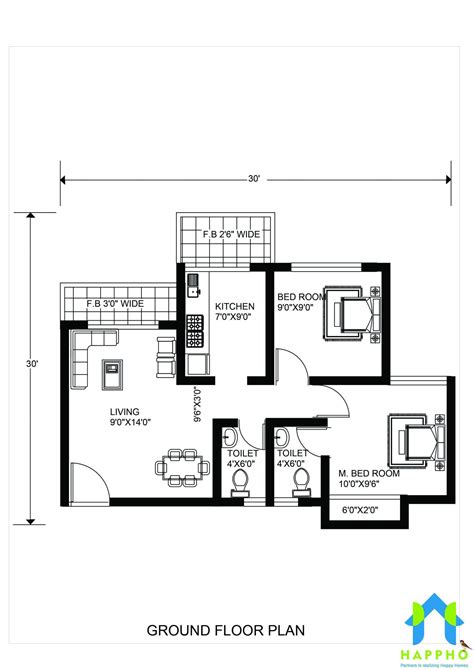 30x30 Modern House Plan Design 2 Bhk Plan 022 Happho