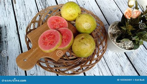 Guava Has The Scientific Name Psidium Guajava On A Bamboo Plate Stock